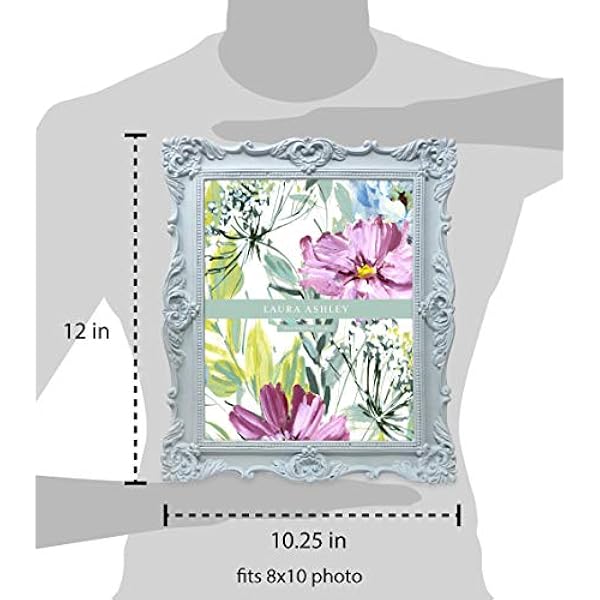 Laura Ashley 8x10 Powder Blue Ornate Textured Hand-Crafted Resin Picture Frame w/Easel & Hook for Tabletop & Wall Display, Decorative Floral Design Home Décor, Photo Gallery, Art (8x10, Powder Blue)